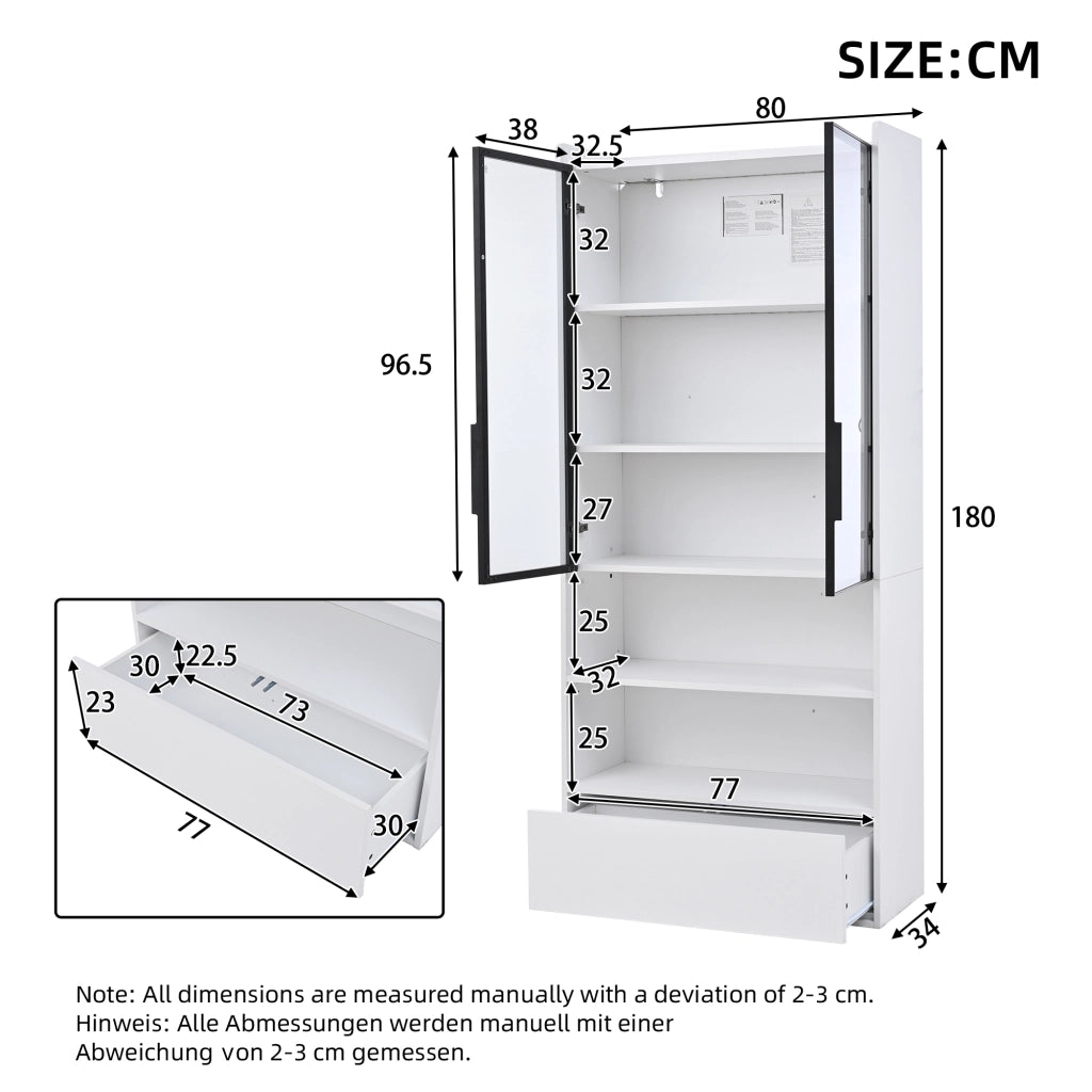 Vetrina alta con led e 1 cassetto con 6 vani e ante in vetro per soggiorno in mdf e vetro bianco 80 × 34 × 180 cm