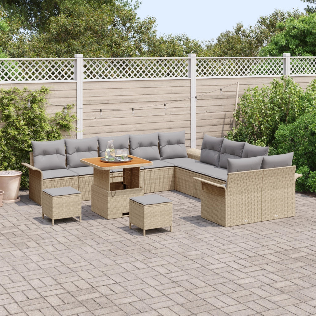 Set Divano da Giardino 13 Pezzi con Cuscini Beige Polyrattan Acacia