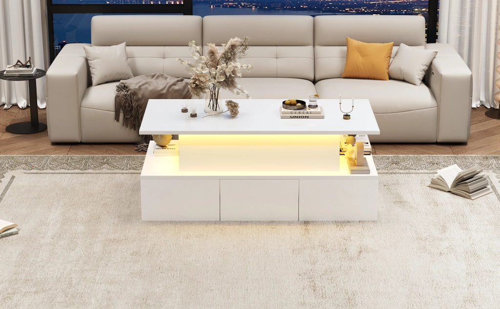 TAVOLINO Alzabile 100x50x40 cm MDF Bianco Lucido con 4 Cassetti e LED
