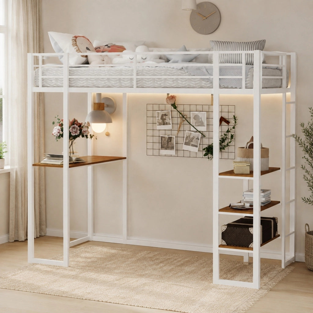 Letto a soppalco in ferro con scrivania e scale su entrambi i lati; bianco
