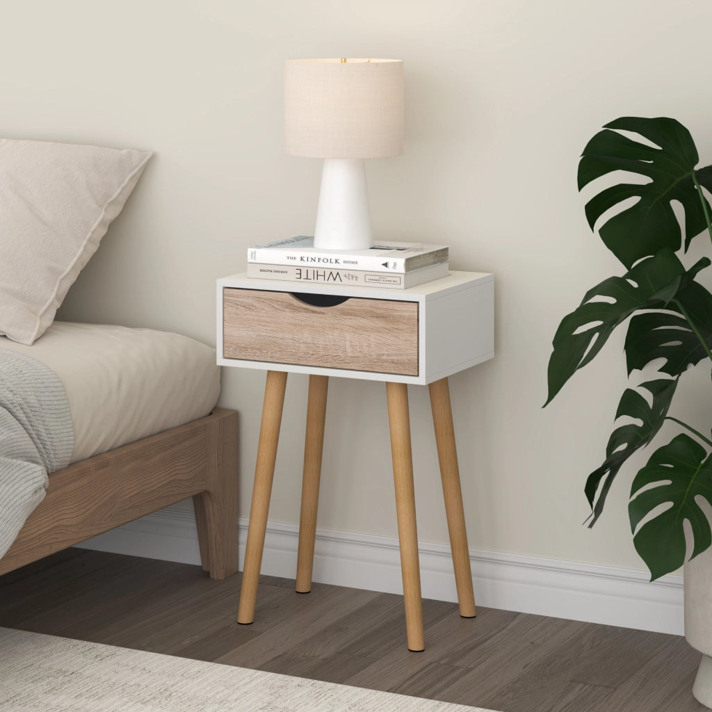 Set Östersund di 2 Comodini con Cassetto - Bianco / Effetto Rovere [en.casa]