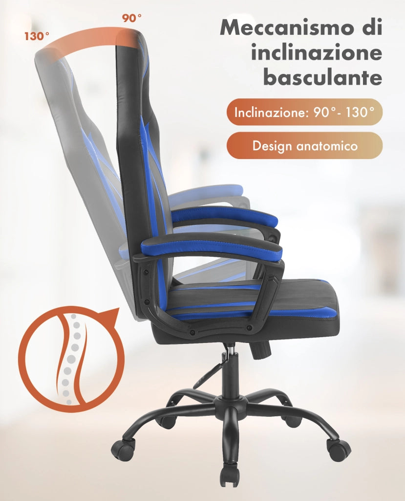 Sedia Gaming Adulto Professionale SimilPelle Reclinabile Con Braccioli Poltrona Ufficio Regolabile in Altezza Pistone Gas Gamer Portata 150 Kg Blu