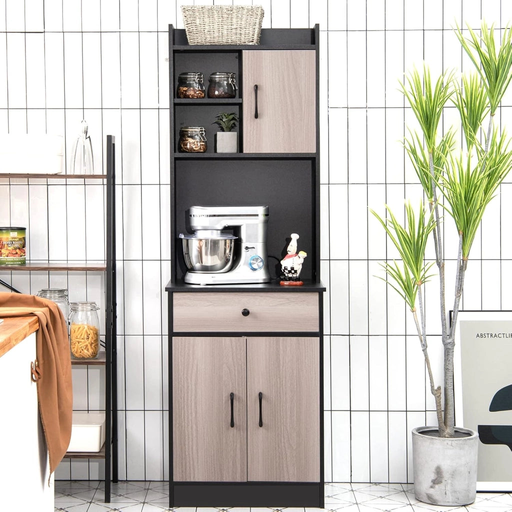Credenza Alta per Cucina, Mobile da Cucina Moderno con 2 Ante e Cassetto, con Ripiani Regolabili e Foro per Cavi, Ampio Spazio Aperto per Microonde, 60 x 40 x 180 cm (Nero)