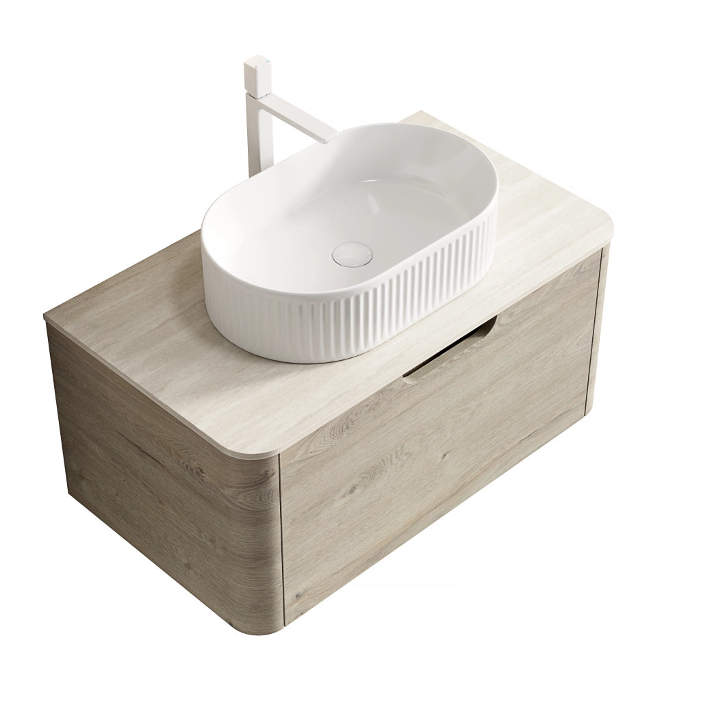 Mobile bagno sospeso con lavabo ovale in ceramica e 1 cassetto soft close; top in pietra sinterizzata per bagno