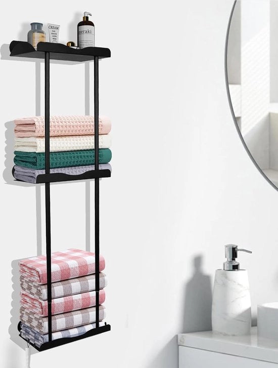Handdoekenrek a 3 livelli, appoggio asciugamani per bagno, 3 livelli asciugamani con gancio, asciugamani, nero, 80 x 30 x 15 cm appoggio asciugamani per bagno