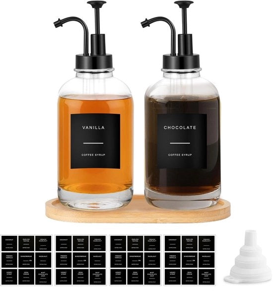 Set di dispenser per sciroppo 2 pezzi - Bicchiere in vetro 500 ml - Pompatura per sciroppo - Tavolo di lavoro - Ciotola - 36 etichette - Bicchiere per sciroppo