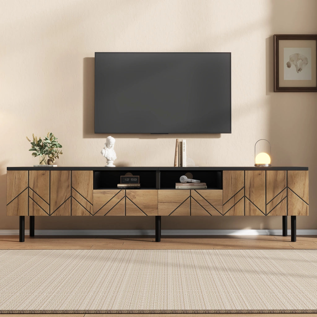 Mobile TV moderno 180x40x45 cm con 2 cassetti e 2 ante, in pannello truciolare, nero e effetto legno, portata fino a 75 kg