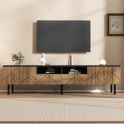 Mobile TV moderno 180x40x45 cm con 2 cassetti e 2 ante, in pannello truciolare, nero e effetto legno, portata fino a 75 kg