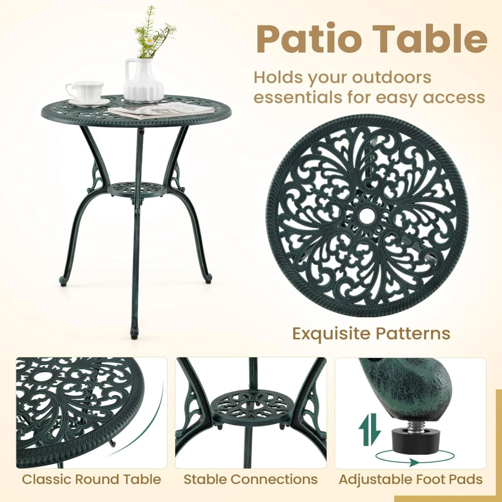 Set da Giardino Esterno in 3 Pezzi in Accaccio, Set da Bistrò con Foro per Ombrellone, Tavolo Portato 90 kg e 2 Sedie Portate 180 kg, Arredamento per Balcone, Patio, Terrazzo (Verde)