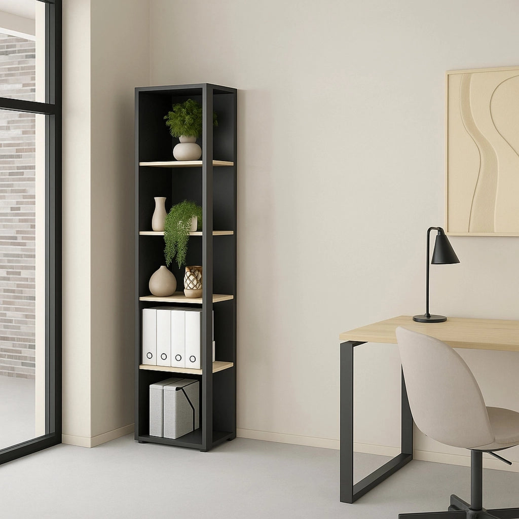 Libreria Baaz, Scaffale da ufficio, Mobile portalibri, Biblioteca, 41x34 h205 cm, Rovere e Grigio