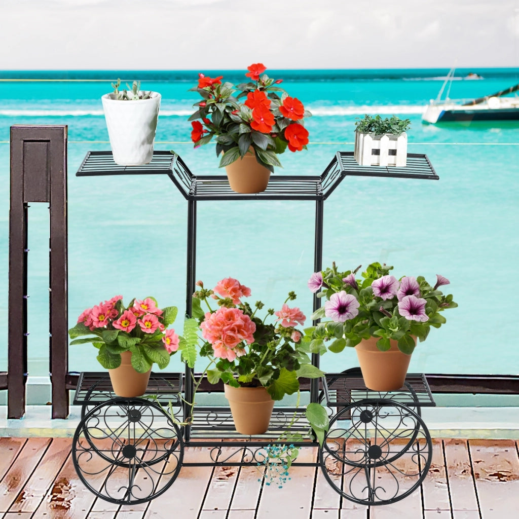Scaffale di metallo a forma di carrello per piante e fiori, Espositore piante con 6 livelli da interno ed esterno, Nero