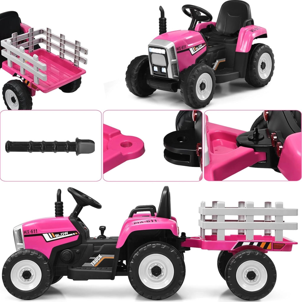 Trattore Elettrico per Bambini 12V con Rimorchio Rimovibile, Trattore Cavalcabile con Telecomando e Pedale Acceleratore, Veicolo con Multimedia, Clacson e Luci, Carico 30 kg (Rosa)