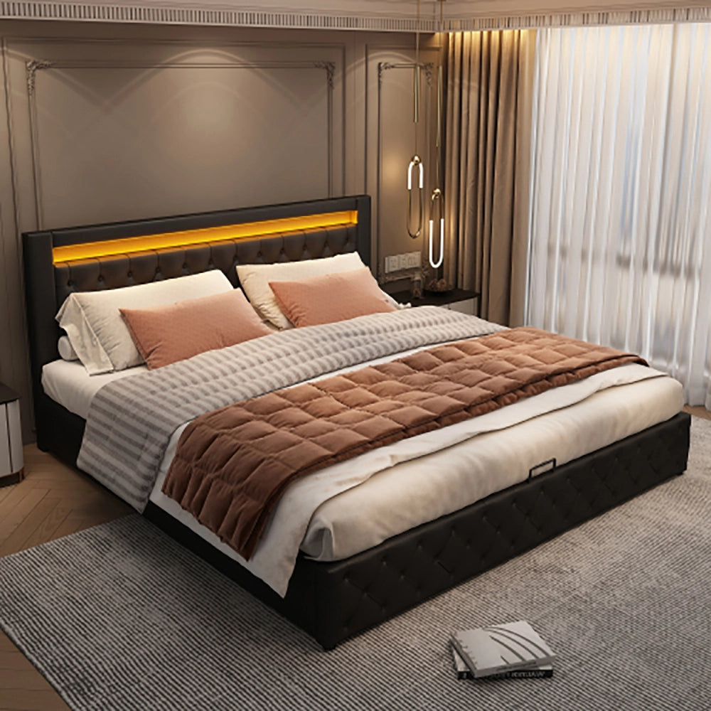 Letto imbottito per adulti - Xylo - 160x200 cm - Nero - LED e contenitore