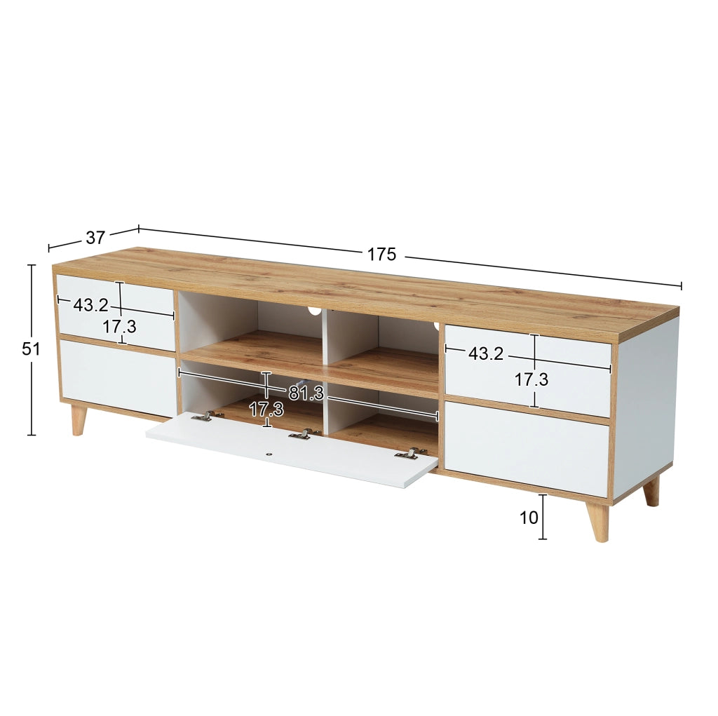Mobile porta TV moderno 175x37x51 cm bianco e effetto legno con 4 ante