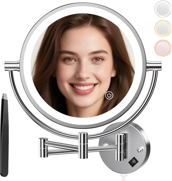 Specchio cosmetico con illuminazione LED, 1x/20x ingrandimento, specchio da trucco regolabile con pulsante a tocco, 3 colori regolabili, specchio da barba per parete, adatto per bagno, spa e hotel