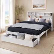 DESMIU Letto con Cassetti 140 × 200 cm 2 Posti con Testiera a Libreria e 2 Cassetti, senza Materasso, Bianco