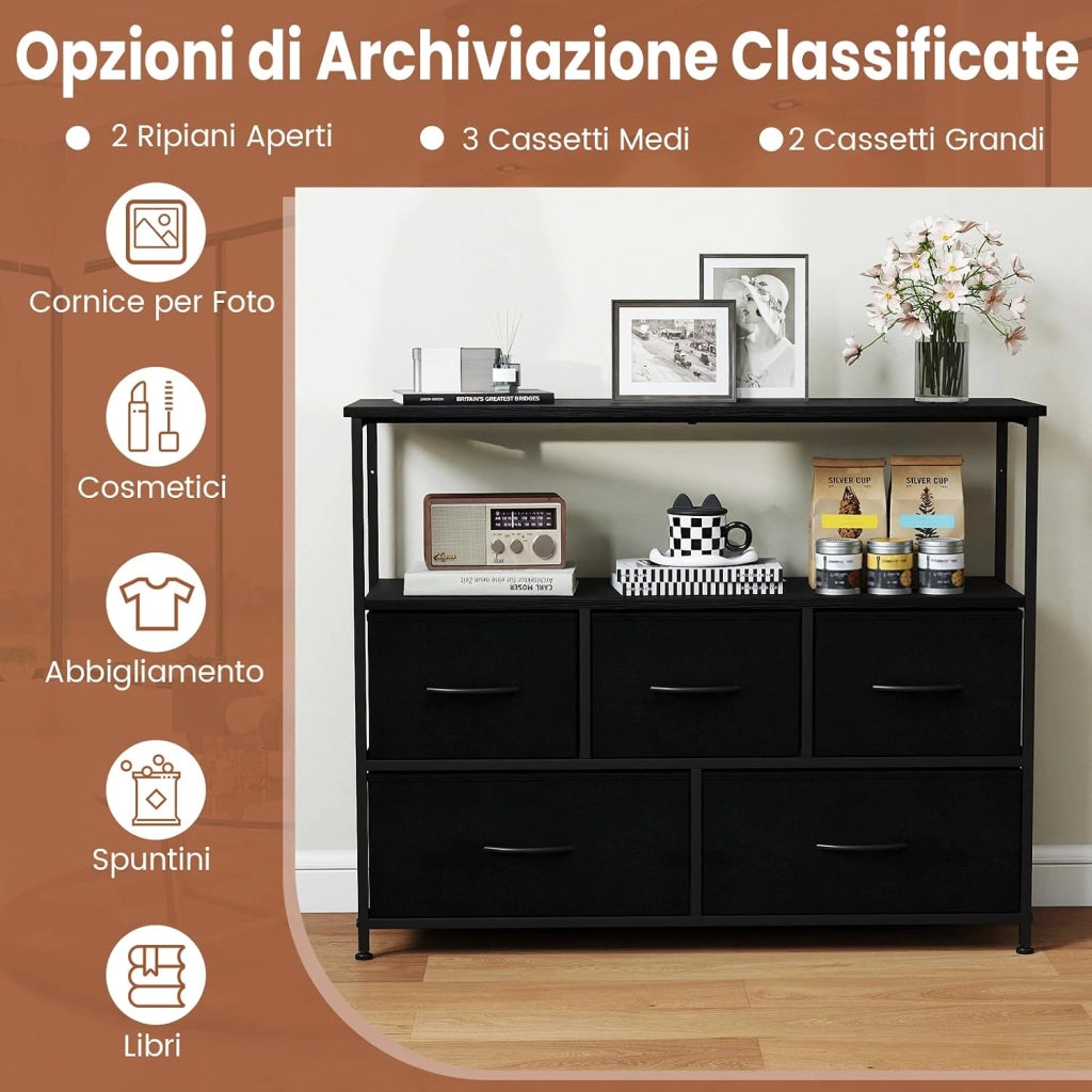 Comò con 5 Cassetti, Cassettiera con 2 Mensole Aperte in Legno e Struttura in Metallo, Unità Organizzatore per Conservazione per Ingresso e Soggiorno, 100×30×80 cm (Nero)