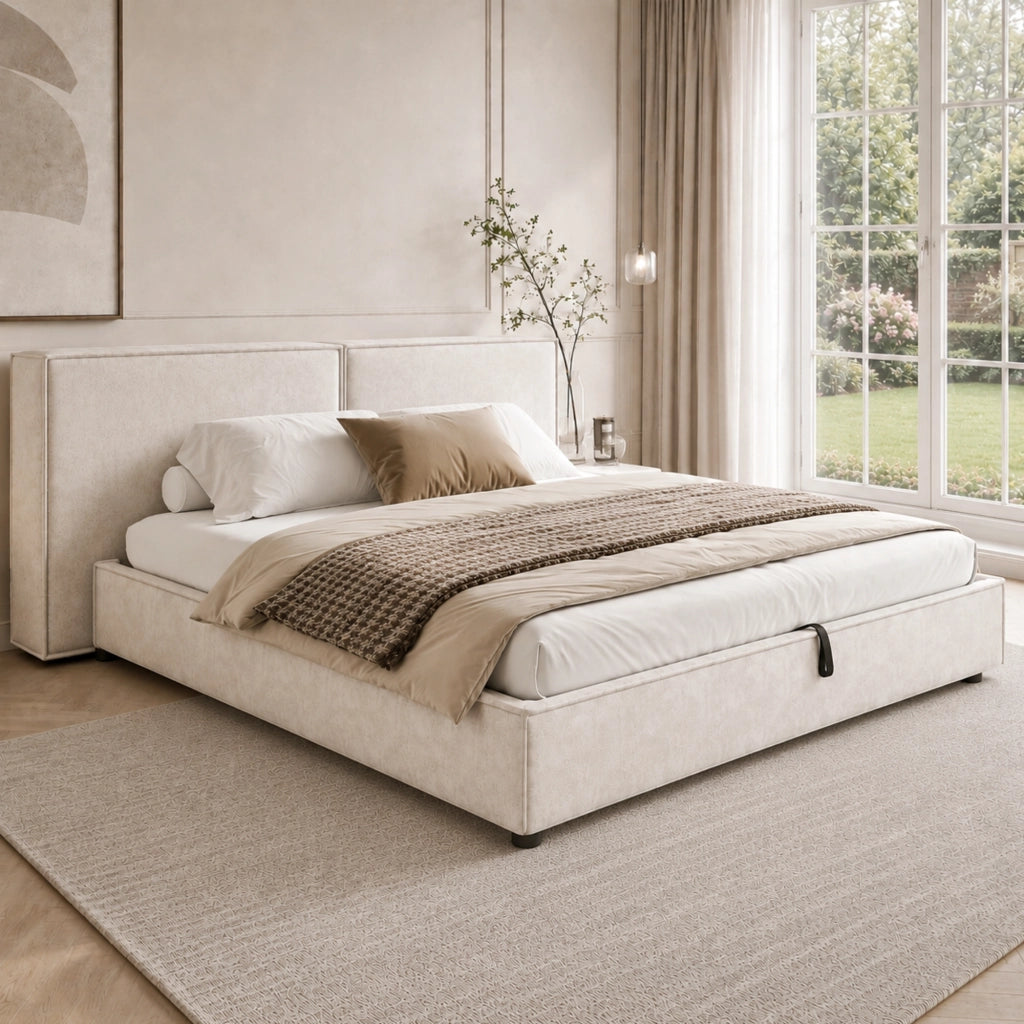 Letto matrimoniale 160x200 cm con contenitore idraulico, rete a doghe, testiera imbottita, rivestimento in chenille beige