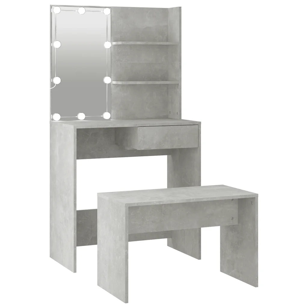 Set Tavolo da Toeletta | Tavolo da Trucco Grigio Cemento con LED Legno Multistrato