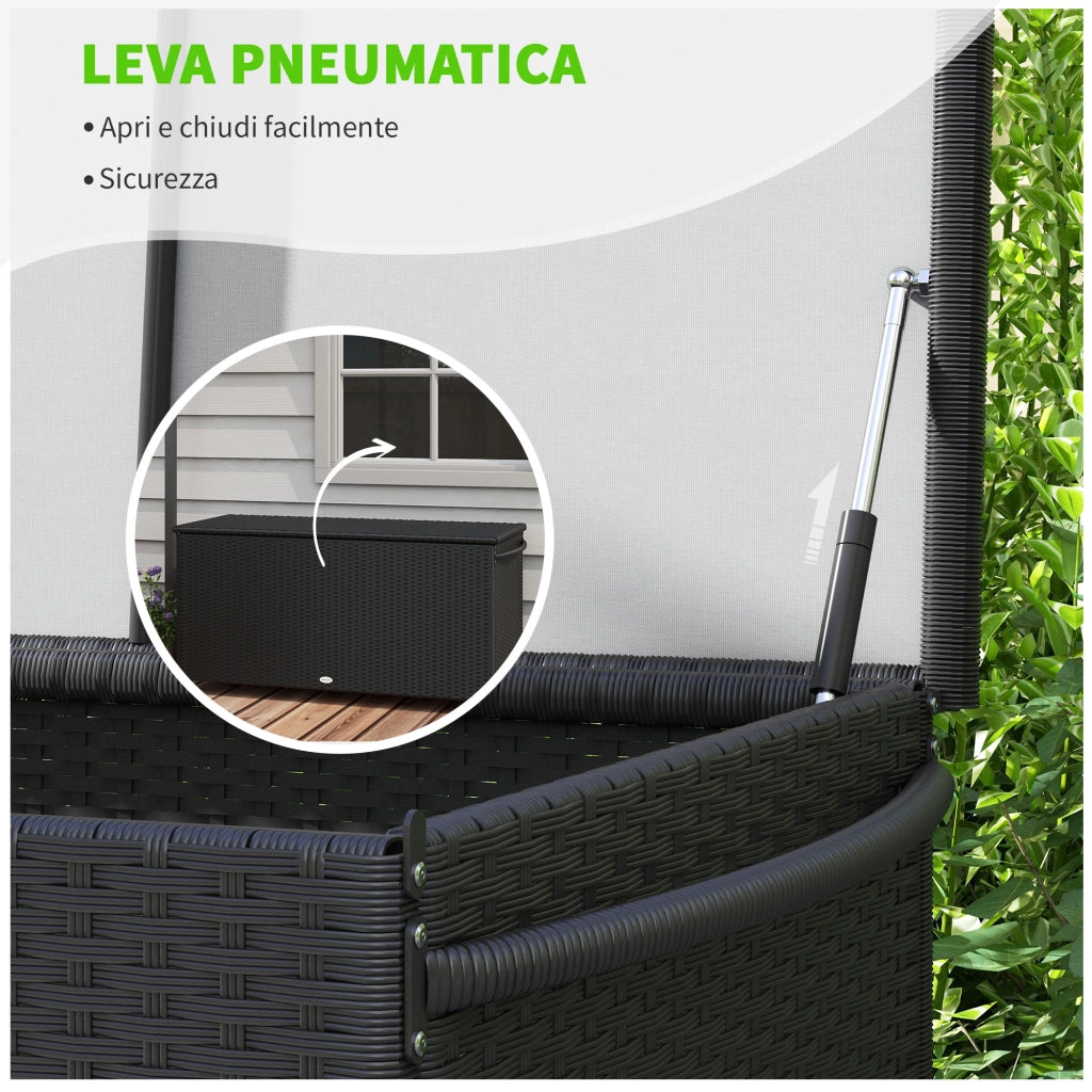 Baule da Giardino in Rattan PE con Ruote e Maniglia Laterale, 121x57x67cm, Nero