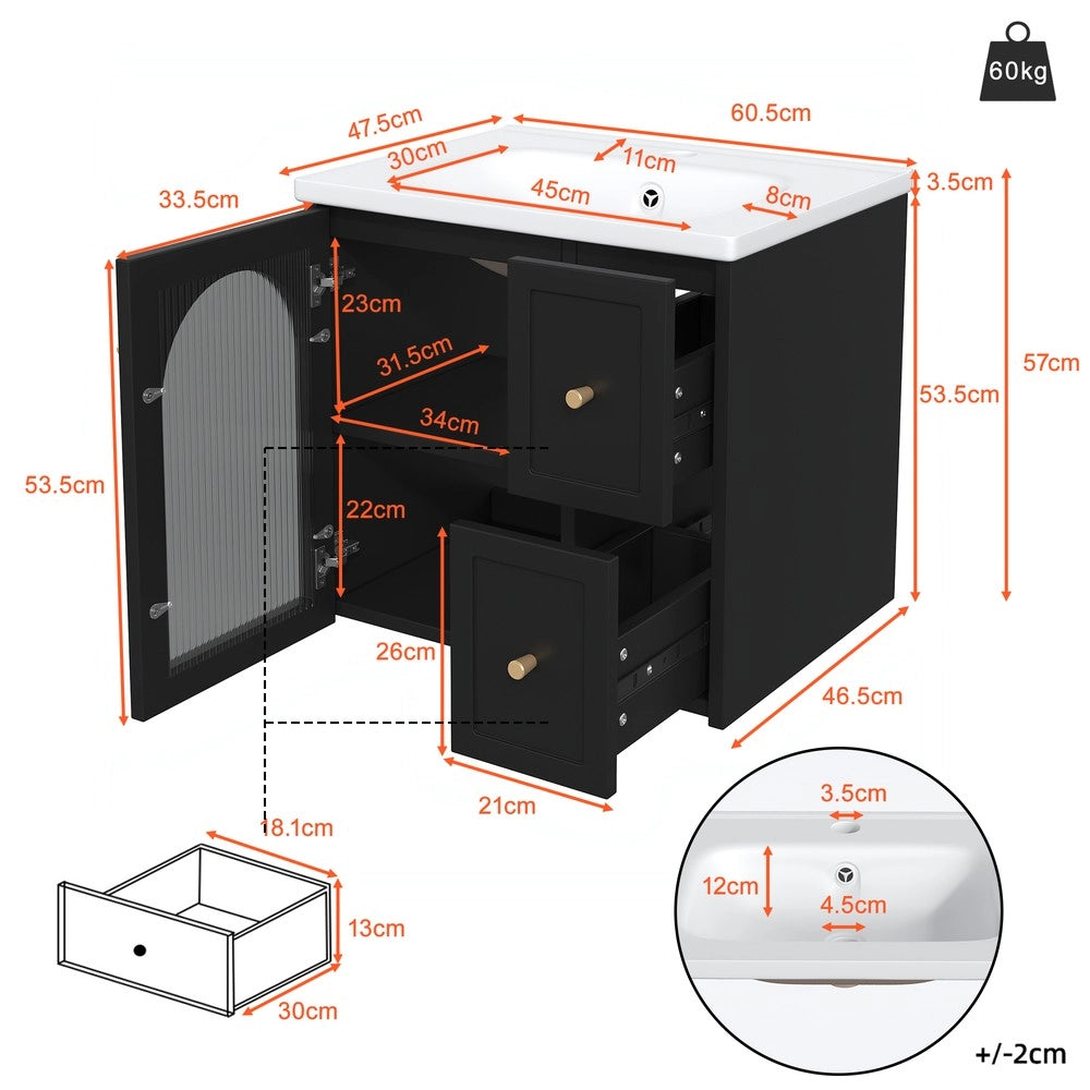 Mobile Bagno Sospeso con Lavabo in Ceramica, LED e Anta in Vetro ¨C Xylo ¨C Nero/Bianco