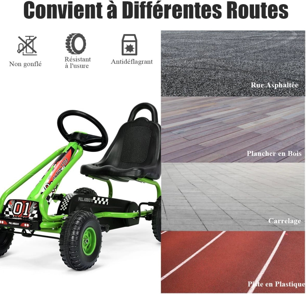 Go Kart a Pedali per Bambini, Macchina per Bambini con Sedili Regolabili in 2 Posizioni e 4 Ruote Antisdrucciolo, Trazione Anteriore e Posteriore, Carico 30 kg, per Bambini di 3 Anni + (Verde)