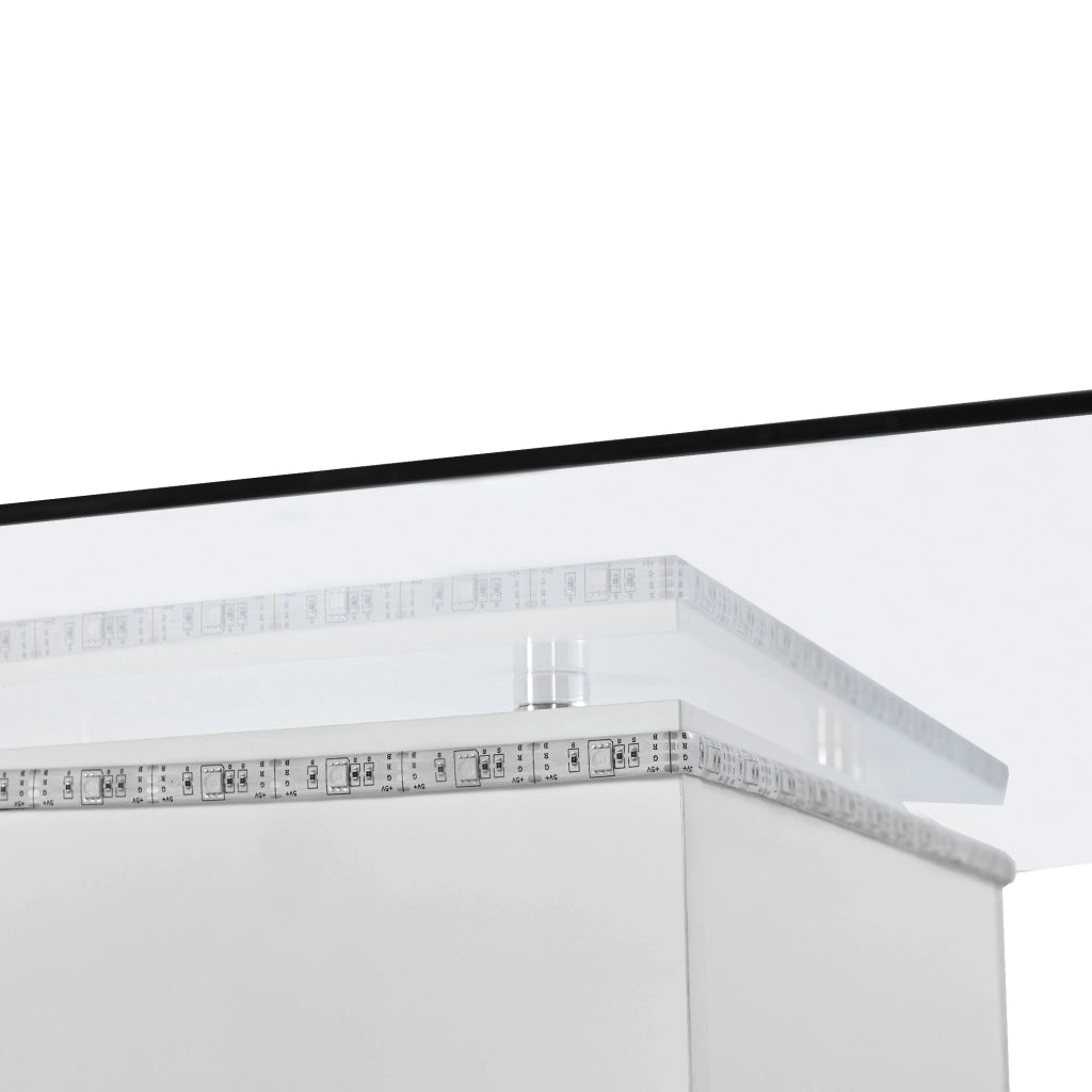 Tavolino da caffè 80x40x80 cm; piano in vetro temperato con LED regolabile e ruote; pannello truciolare bianco e nero