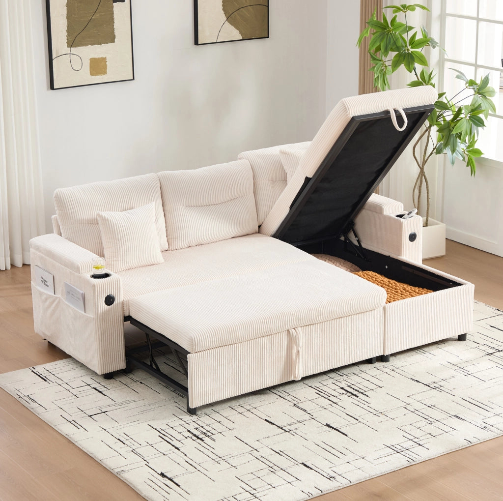 Divano 3 posti in velluto a coste beige con chaise longue idraulica; letto estraibile e USB-C