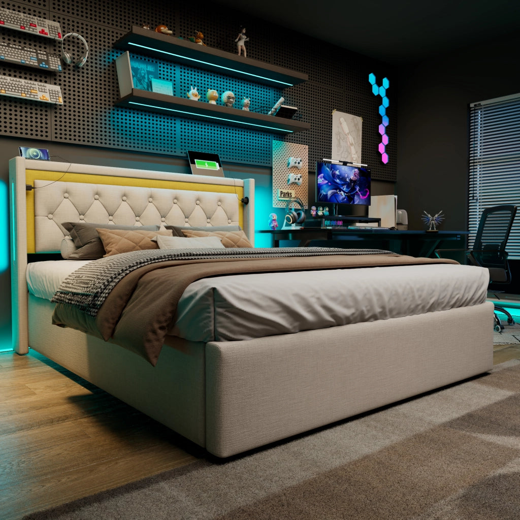 LETTO LED 140x200 cm Beige in cotone con USB e Type-C, contenitore e rete a doghe