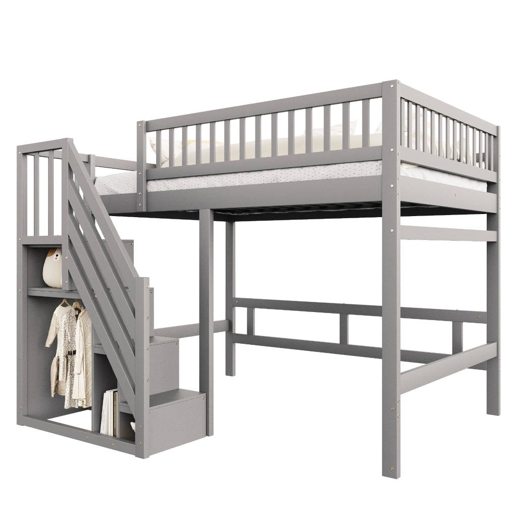 Letto a castello in legno grigio con scala contenitore altezza parapetto 140x200 cm
