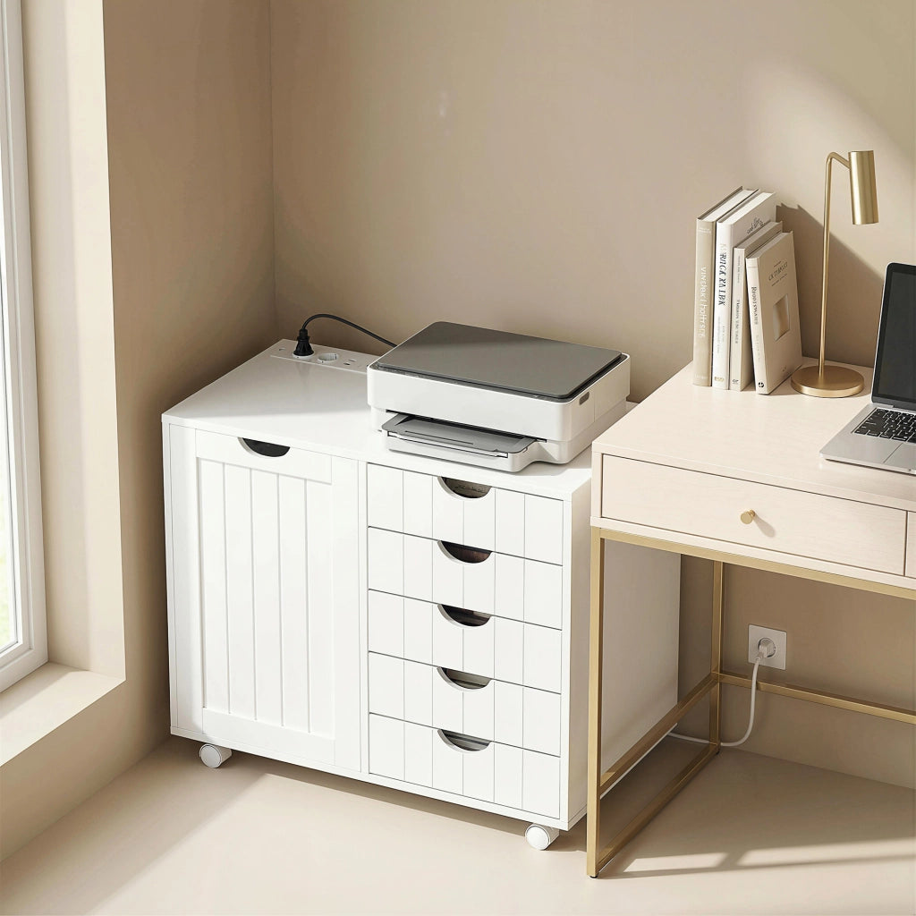 Scrivania Computer con Cassettiera Mobile ¨C Xylo ¨C 5 Cassetti Porta USB Ripiano Regolabile Ruote Bianco