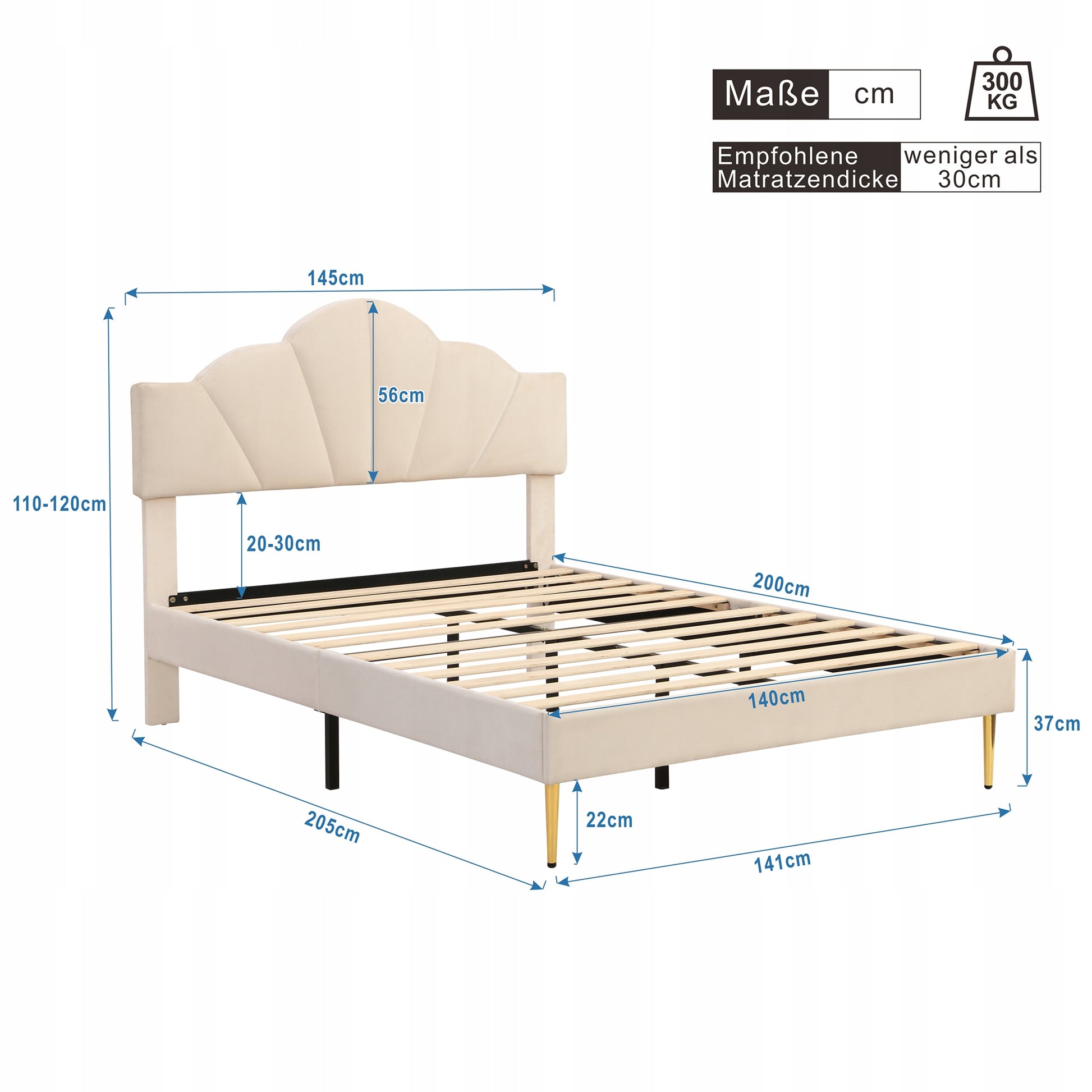 Letto matrimoniale 140x200cm - Xylo - Muschio, gambe dorate, telaio