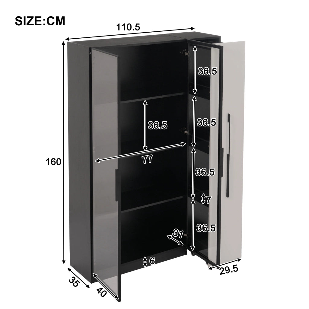 Vetrina Libreria con Anta in Vetro e LED; Ripiano Laterale Estraibile con Ruote; MDF; Nero e Bianco; 110;5??35??160 cm