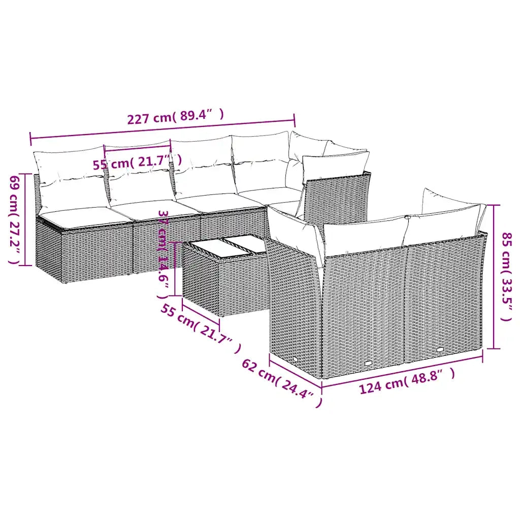 Set Divani da Giardino 8 pz con Cuscini Marrone in Polyrattan