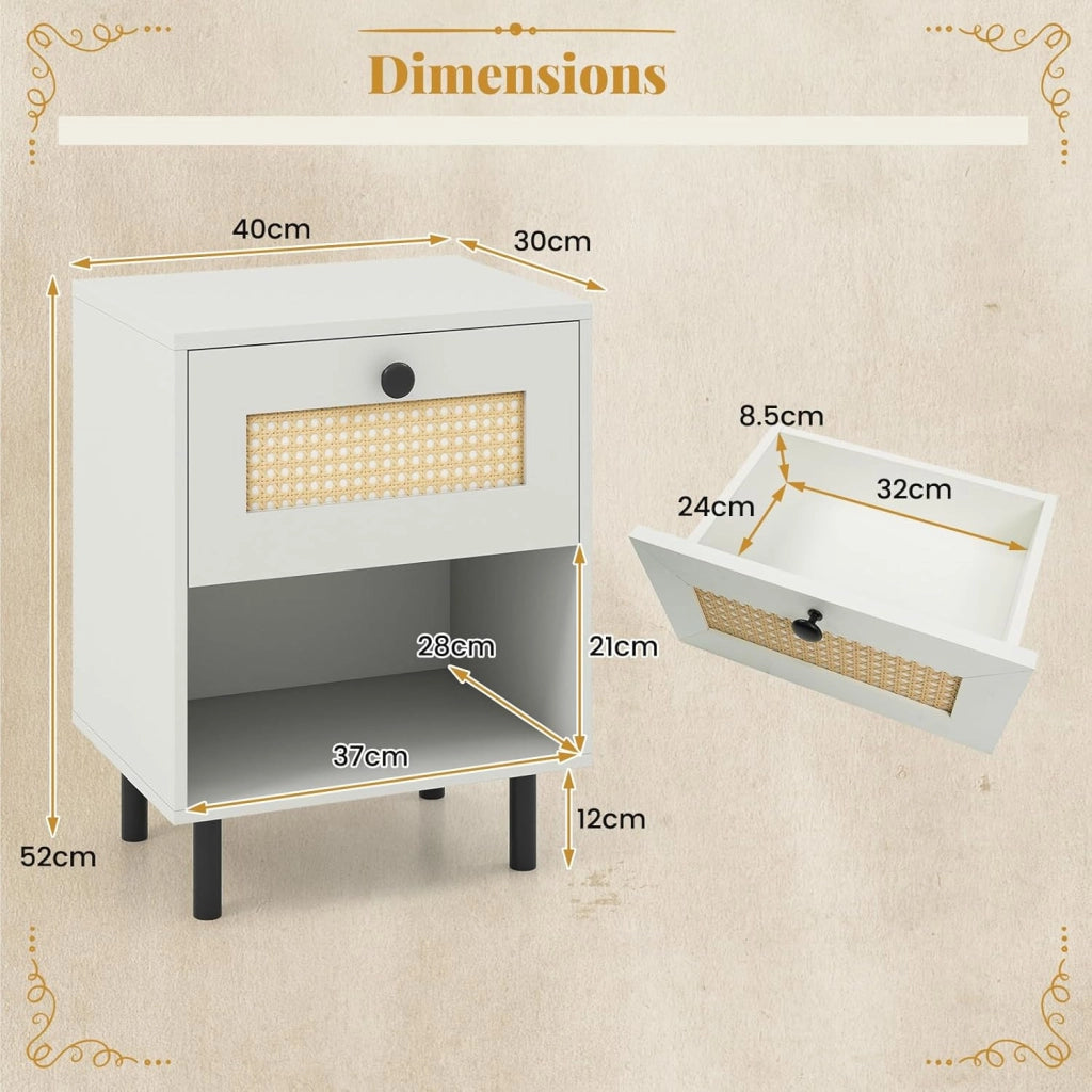 Comodino Camera da Letto con Cassetto Ampio, Scomparto Aperto e Gambe in Metallo, Mobile Laterale con 2 Dispositivi Antiribaltamento, Struttura Elegante per Libri (40 x 30 x 52 cm,1)