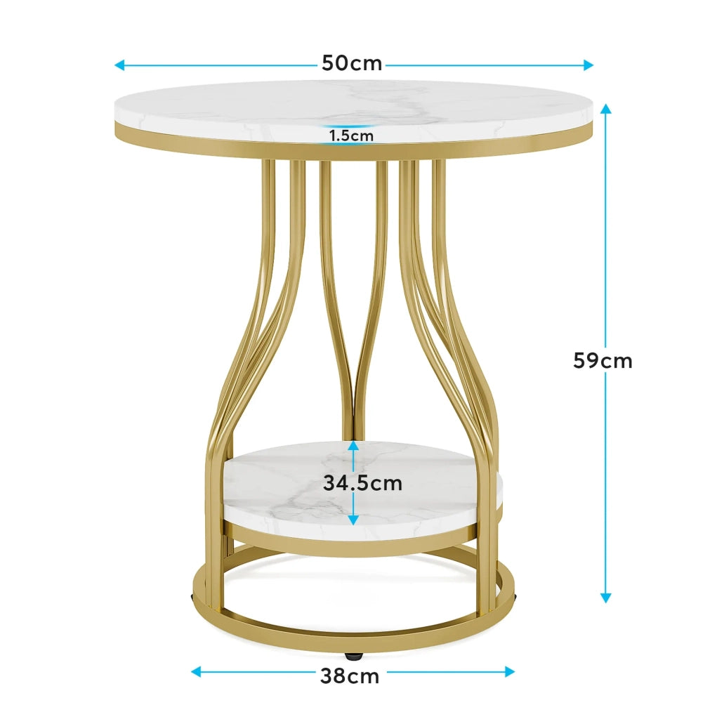 Tavolino rotondo a 2 ripiani in bianco e oro; 50 x 50 x 60 cm