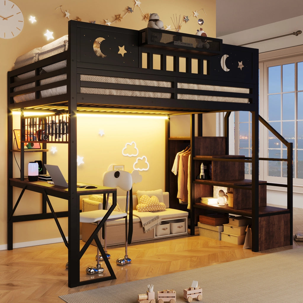 Letto a soppalco 140x200 cm con scrivania; pannello pegboard; ripiani; LED; USB e gambe a K; metallo nero