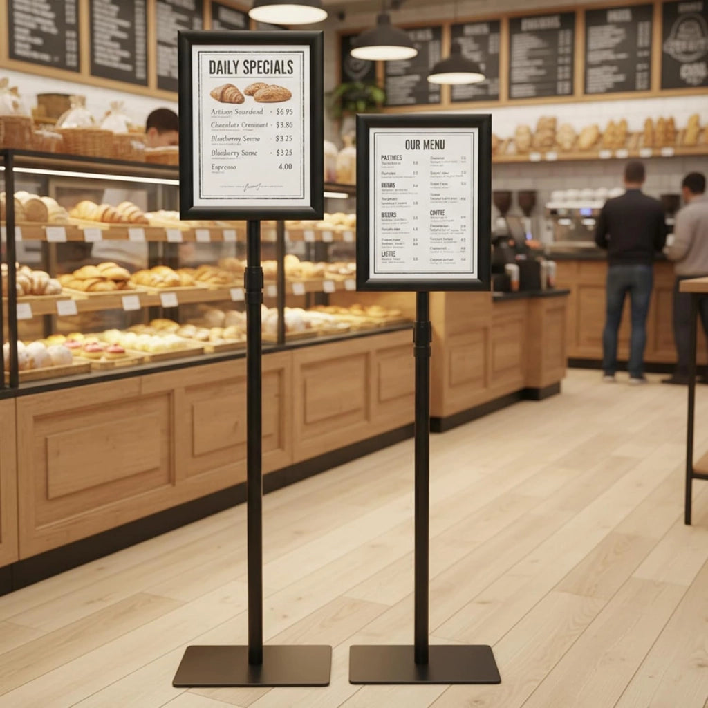 Supporto per poster A4, set di 2 espositori con rotazione a 360°, altezza regolabile 74-118 cm, base ponderata, pannello per menu, matrimonio, ristorante (nero, 2)