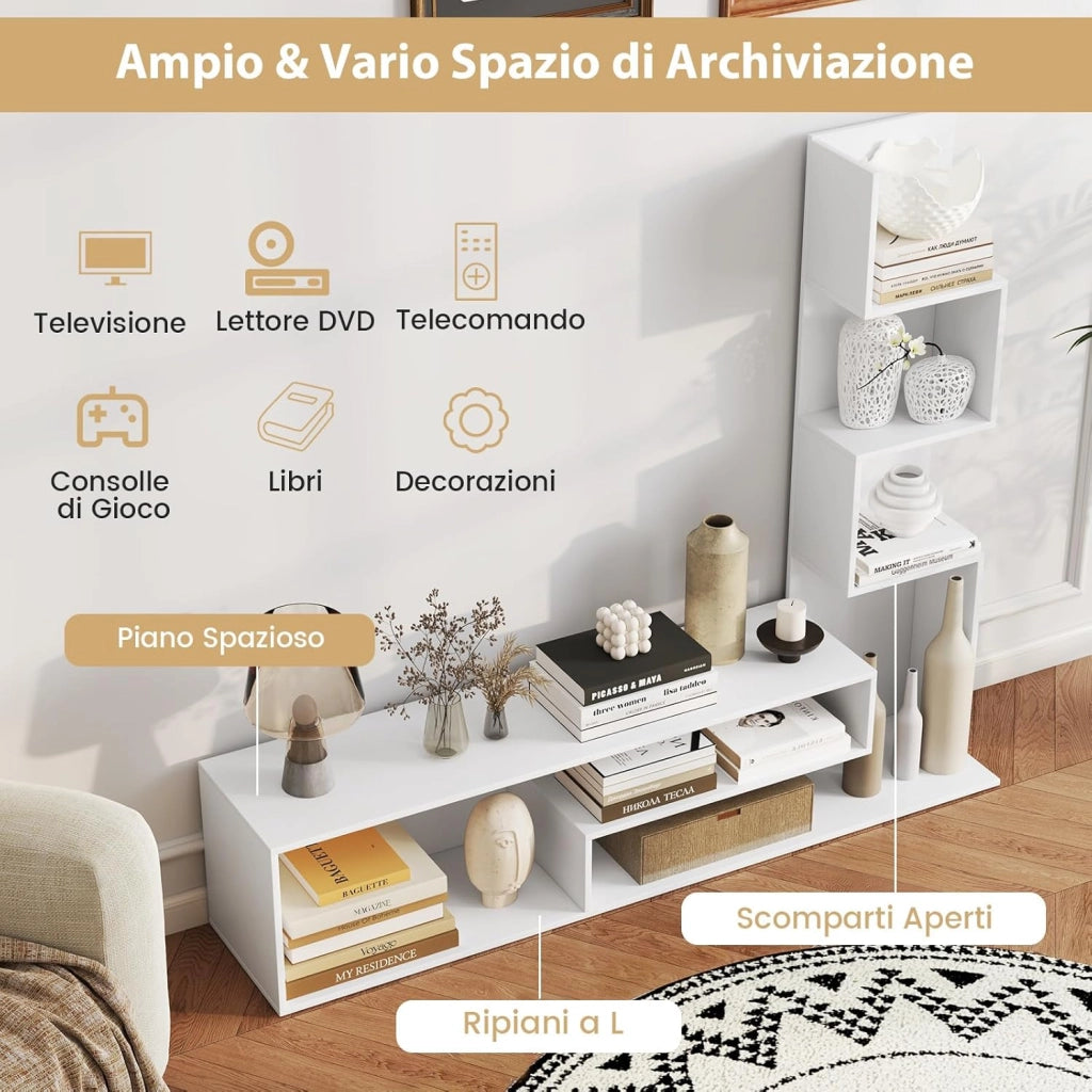 Mobile per TV a Cubi per TV Fino a 50”, Tavolo Console Media con Mensole di Stoccaggio a Forma di L e Scomparti Aperti, Centro di Intrattenimento per Soggiorno, Ingresso (Bianco)