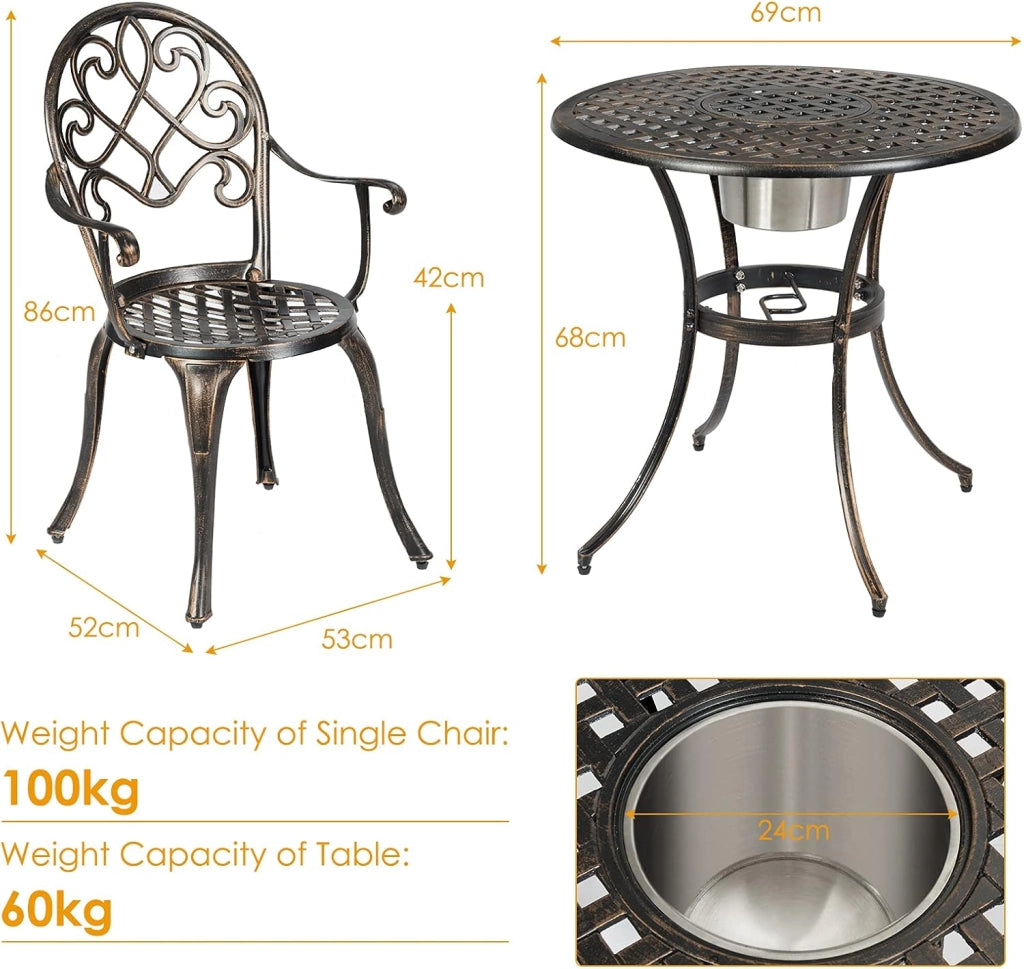 Mobili da balcone con refrigeratore per vino e foro per ombrellone, 3 pezzi, in bronzo antico, in alluminio pressofuso, antiscivolo, per esterni, 2 persone, resistente alle intemperie