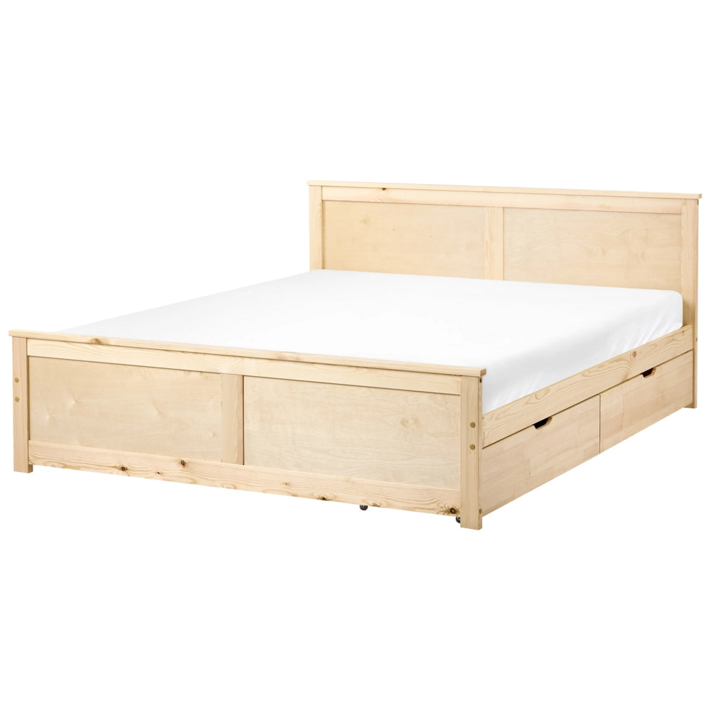 Letto matrimoniale con 2 cassetti in legno marrone chiaro stile 160 x 200 cm con testiera in stile scandinavo