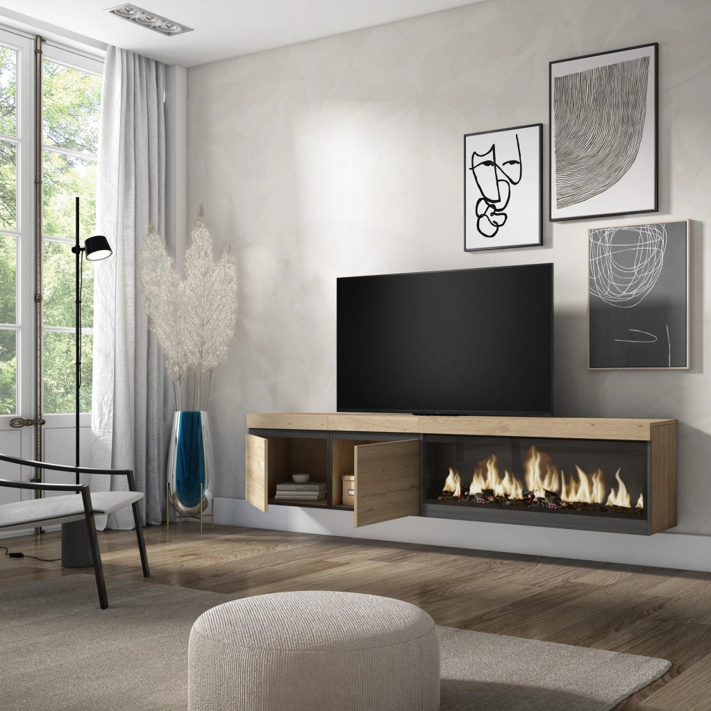 Mobile TV Soggiorno, 208x35x45cm, Per TV fino a 80", Camino elettrico XXL, da appendere, colore Rovere RF3281