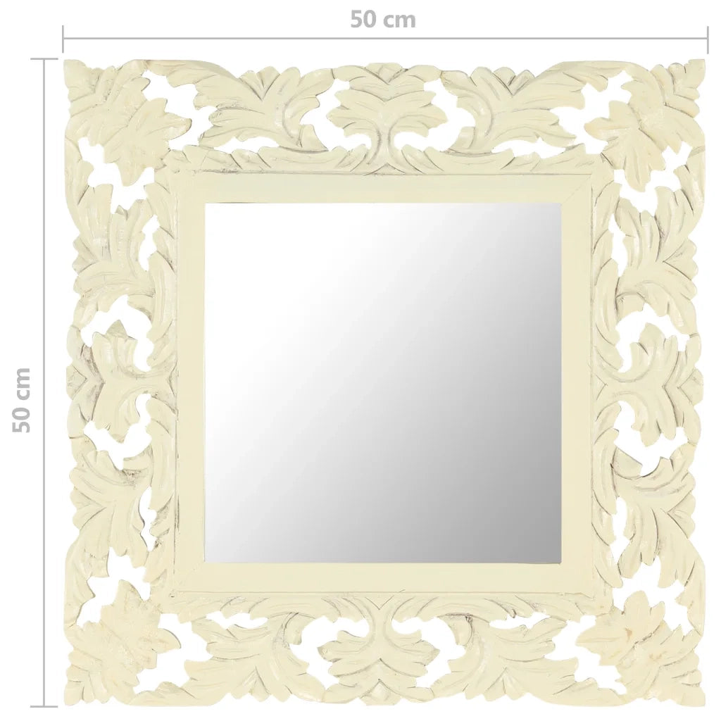Specchio Intagliato a Mano Bianco 50x50 cm in Massello di Mango 321641