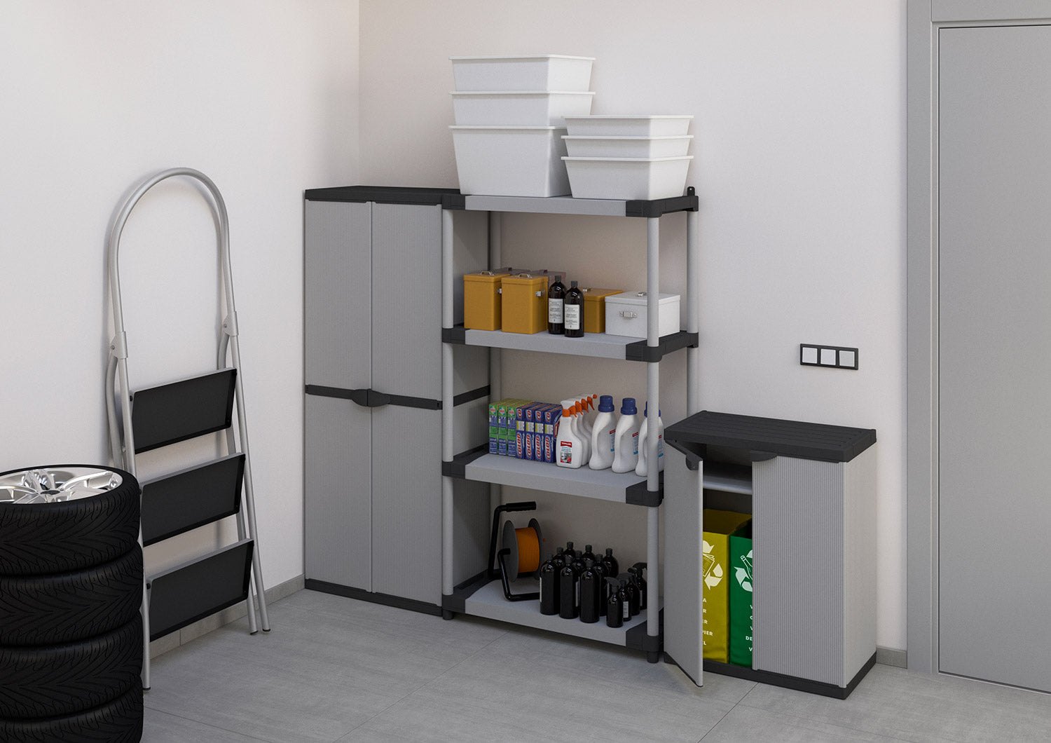 Pattumiera Differenziata 2 Ante 68x40x85 cm con Sacchi e Ripiano Grigio