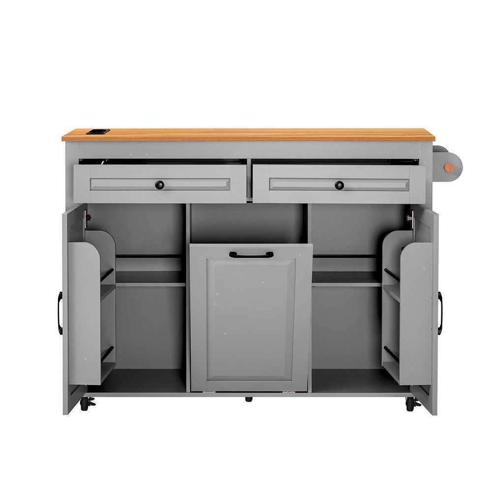 Isola cucina mobile con tavolo estendibile - Xylo - Grigio - Compartimento rifiuti e multipresa