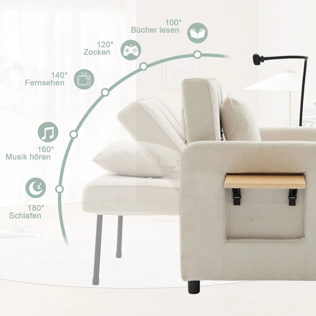 Poltrona letto convertibile con schienale regolabile e tasche laterali in chenille beige