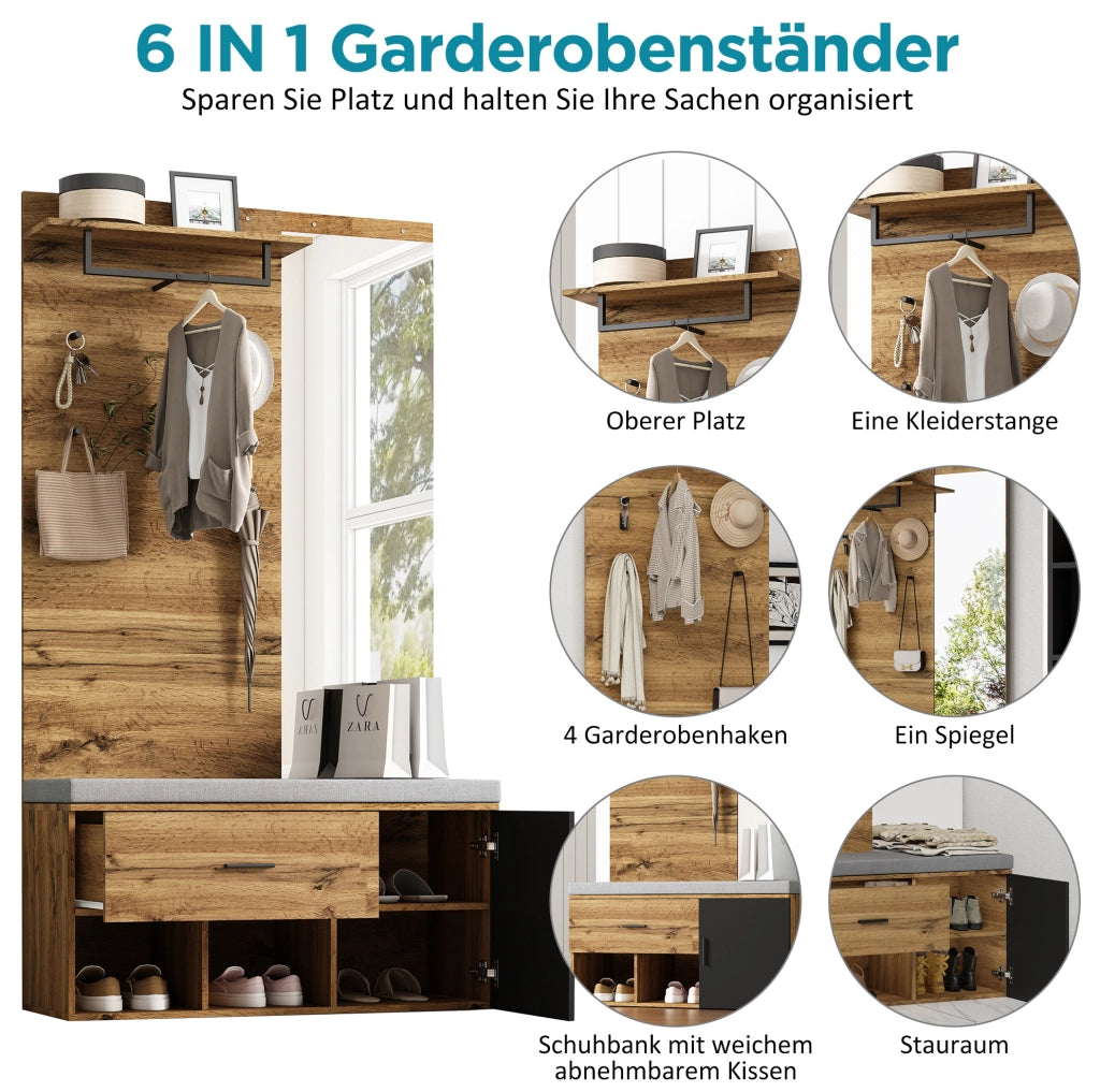 Garderoba moderna in effetto legno con specchio e scarpiera