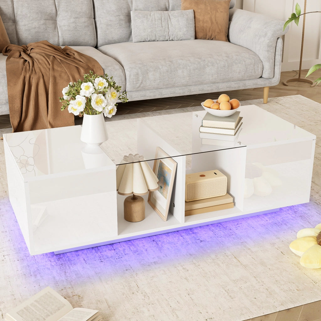 TAVOLO DA CAFFÈ Moderno 120 x 50 x 38,5 cm Bianco con LED e piano in vetro