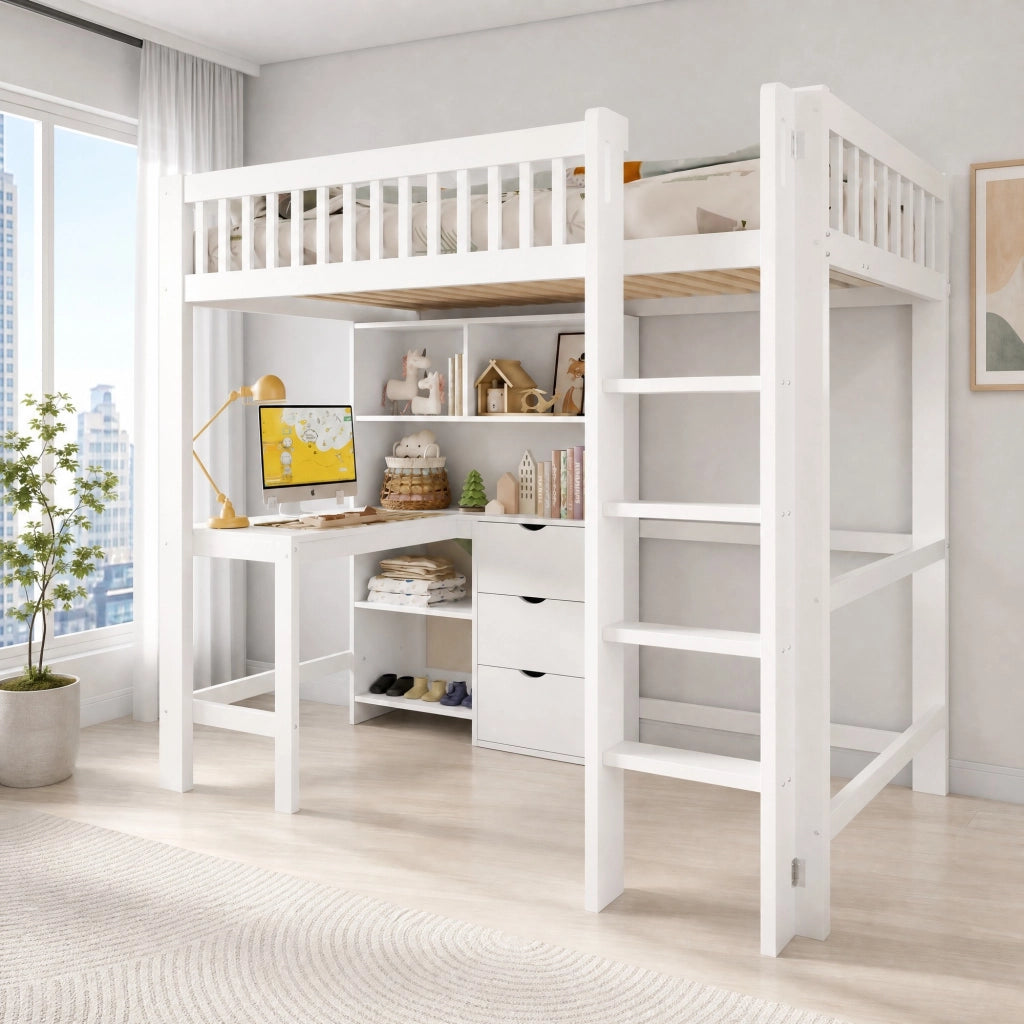 Letto a soppalco bianco 90x200 cm con scrivania e cassetti