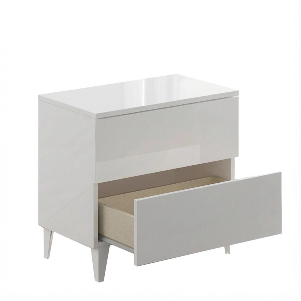 Comodino Moderno Con 2 Cassetti Mobile Da Camera Da Letto Con Piedini Struttura Compatta In Melaminico Antigraffio Montaggio Facile 50 X 34 X 39 Cm Bianco Lucido